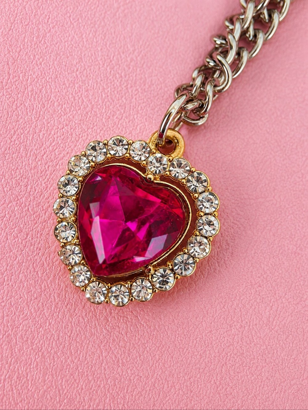 NWTHandmade Two Tone Pink Heart Crystal Halo Pendant Necklace Gold Silver Sz 21"